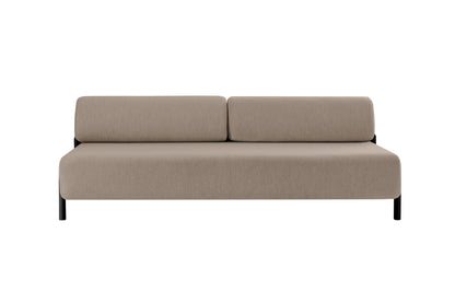 The Palo 2-seater Sofa features a minimalist design with clean lines and a beige finish. It has a sleek black frame that supports the backrest and seat, while the smooth, rectangular cushions provide a modern aesthetic.