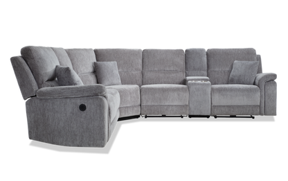 A spacious Renegade Gray 125'' power reclining sectional featuring plush cushions and multiple throw pillows. The six-piece configuration includes a corner seat, central console with cup holders, and USB port, all wrapped in a soft and comfortable fabric.