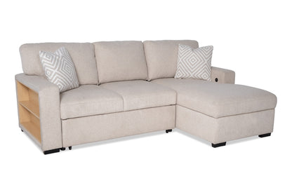 The Playday Beige 93'' Left Arm Facing Pop-Up Sleeper Chaise Sectional features an attached chaise lounge on the right and comes with two geometric-patterned throw pillows. It also includes built-in wooden shelves on the left armrest, along with USB and USB-C ports.