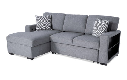 The Playday Beige 93'' two-piece sectional has a left-facing chaise and features three seat cushions, two geometric-patterned pillows, built-in shelves on the right armrest, and textured fabric upholstery.