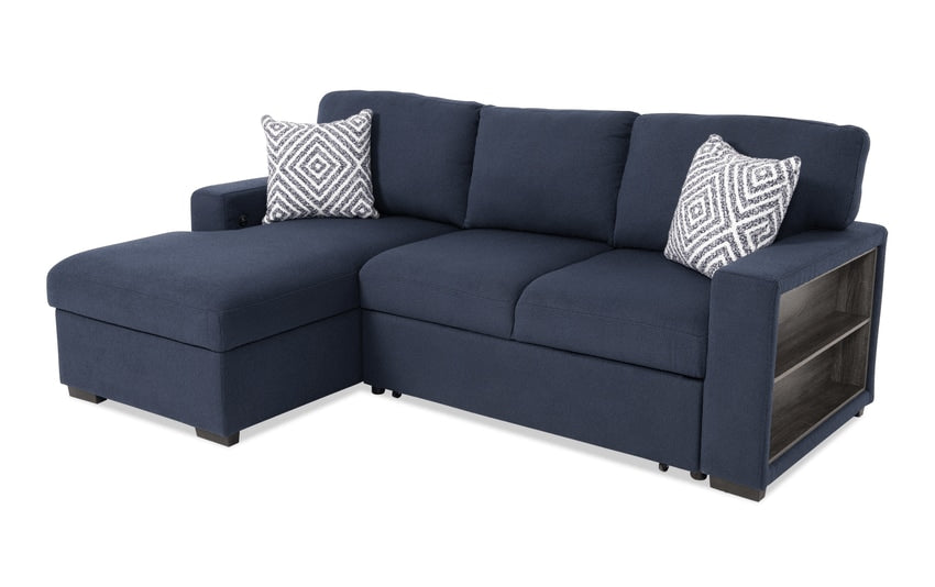 Introducing the Playday Beige 93'' 2 Piece Left Arm Facing Pop-Up Sleeper Chaise Sectional with USB & USB-CPort: a modern and functional sectional with a chaise on the left side, complete with two patterned cushions and built-in side storage.