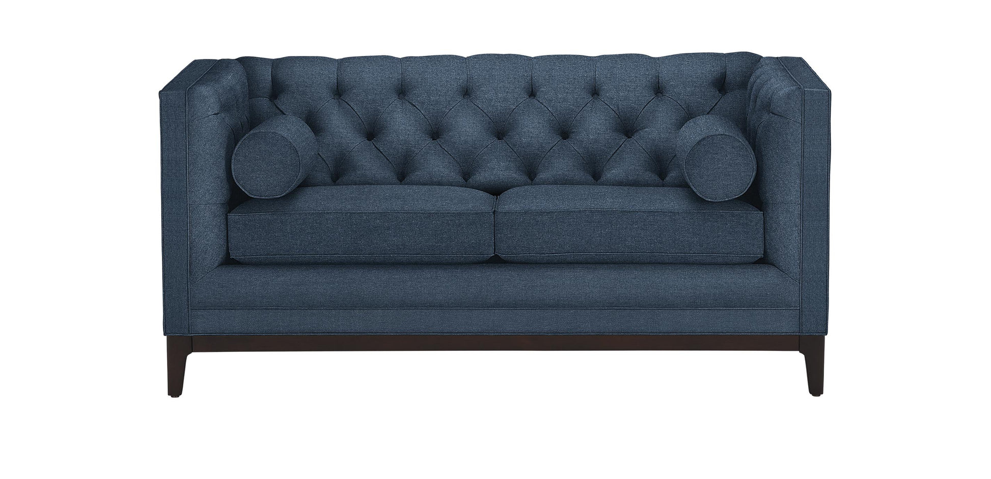 The Anderson Loveseat is a blue, tufted sofa with two cushions on each side. It features dark wooden legs and a boxy design, offering a modern and elegant look.