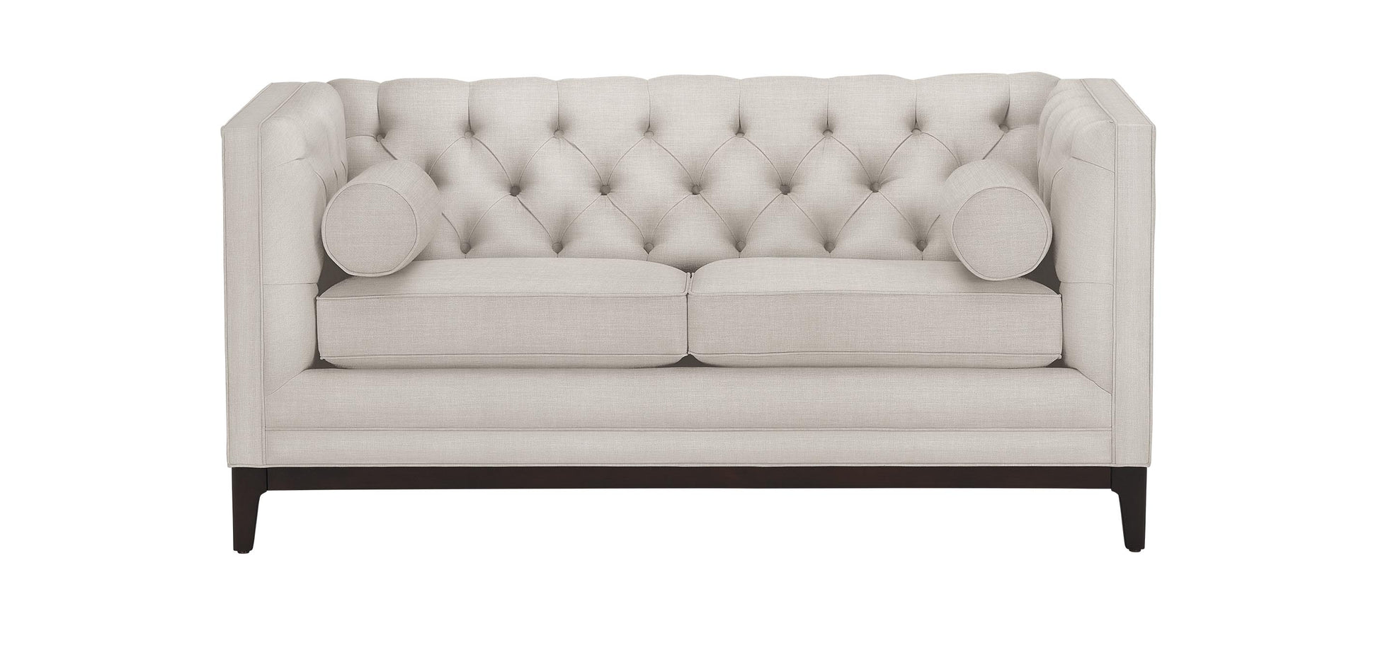 Introducing the Anderson Loveseat, a cream-colored, tufted piece with two matching round cushions. This loveseat is designed with a high back and arms and is supported by wooden legs.