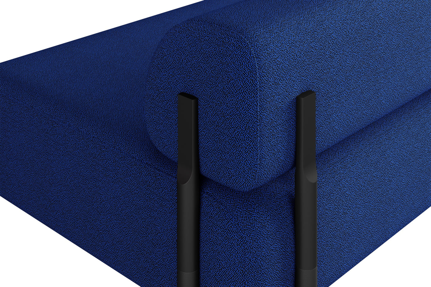 Close-up of the Palo 2-seater Sofa, a modern blue couch featuring rounded cushions. Two black rectangular metal supports are visible in the foreground, adding a sleek and contemporary touch to the design.