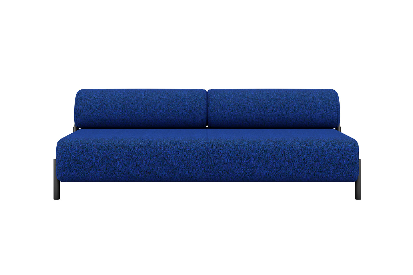 The Palo 2-seater Sofa features a modern blue design with a minimalist style and black legs, set against a plain white background. It includes two cushions for the backrest and boasts a sleek, contemporary appearance.