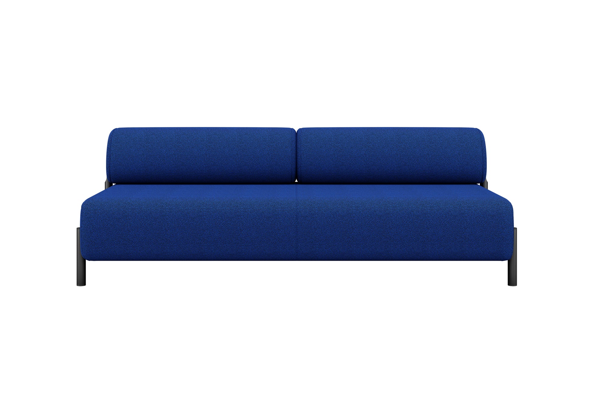 The Palo 2-seater Sofa features a modern blue design with a minimalist style and black legs, set against a plain white background. It includes two cushions for the backrest and boasts a sleek, contemporary appearance.