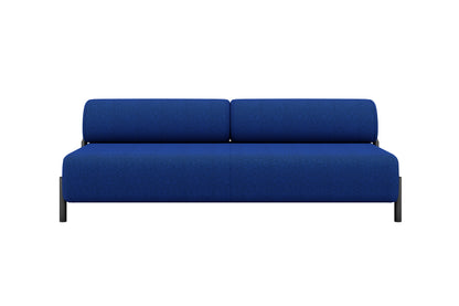 The Palo 2-seater Sofa features a modern blue design with a minimalist style and black legs, set against a plain white background. It includes two cushions for the backrest and boasts a sleek, contemporary appearance.