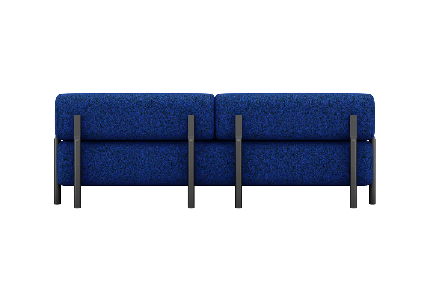 The Palo 2-seater Sofa, with its modern minimalist design, is displayed from the back in blue. It showcases two separate cushioned sections, supported by three sleek, vertical black metal frames.