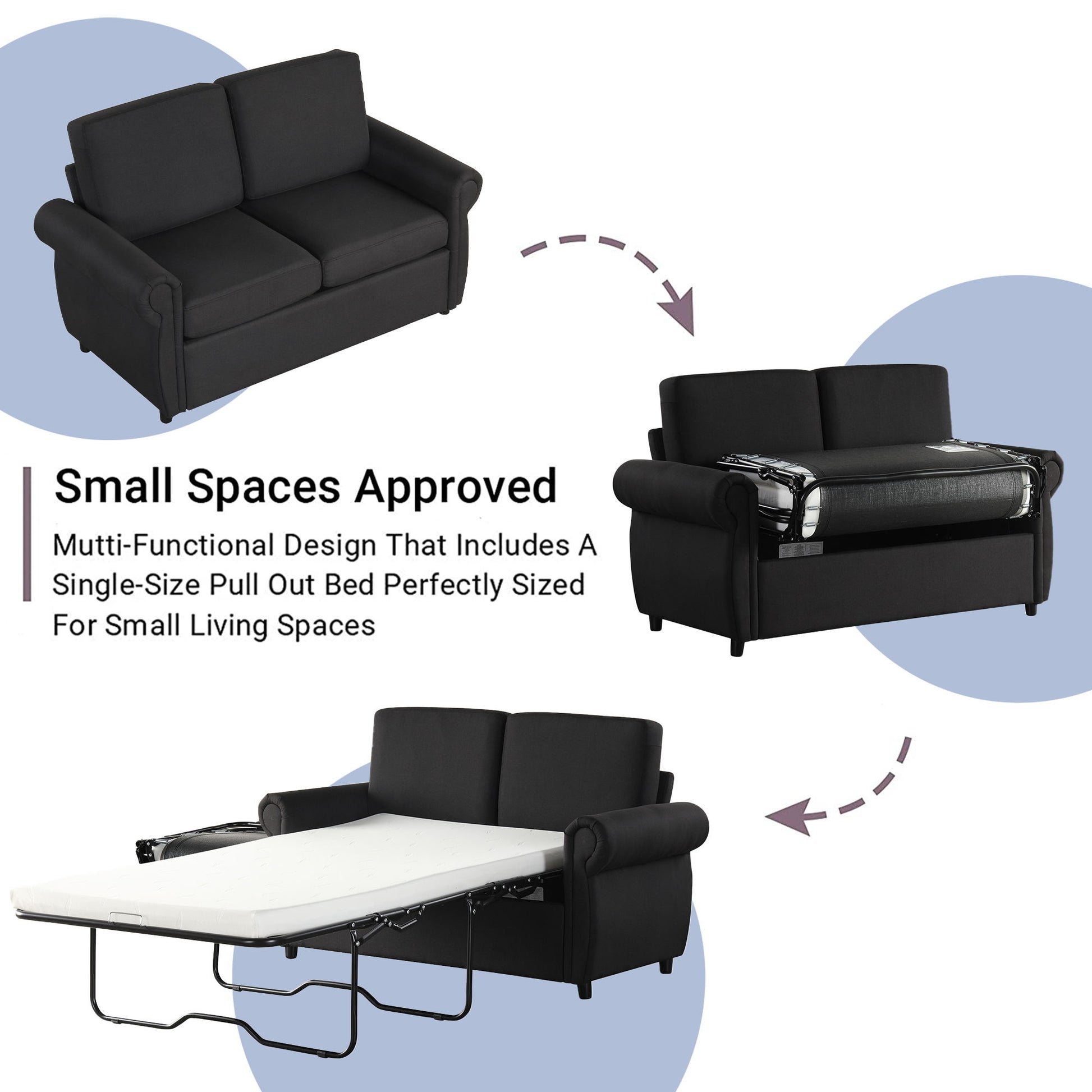 Image of Pull Out Sofa Bed Loveseat Sleeper with Twin Size Memory Mattress, featuring a pull-out bed. Top image: sofa view; middle: partially extended bed; bottom: fully extended bed. Text reads: "Small Spaces Approved, Multi-Functional Design," with two USB ports for living room spaces.