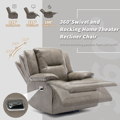 The 2 Seater Home Theater Recliner adjusts to 110° for reading, 120° for TV, and 150° for napping. It features a swivel and rocking mechanism, side lever, LED light strip, two cup holders, and a storage box.