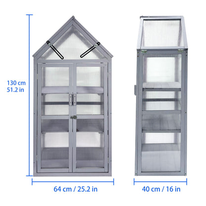 The Mini Greenhouse Kit features a triangular roof, two front doors, and two internal shelves. It measures 130 cm in height, 64 cm in width, and 40 cm in depth, made from clear panels with a metal frame.