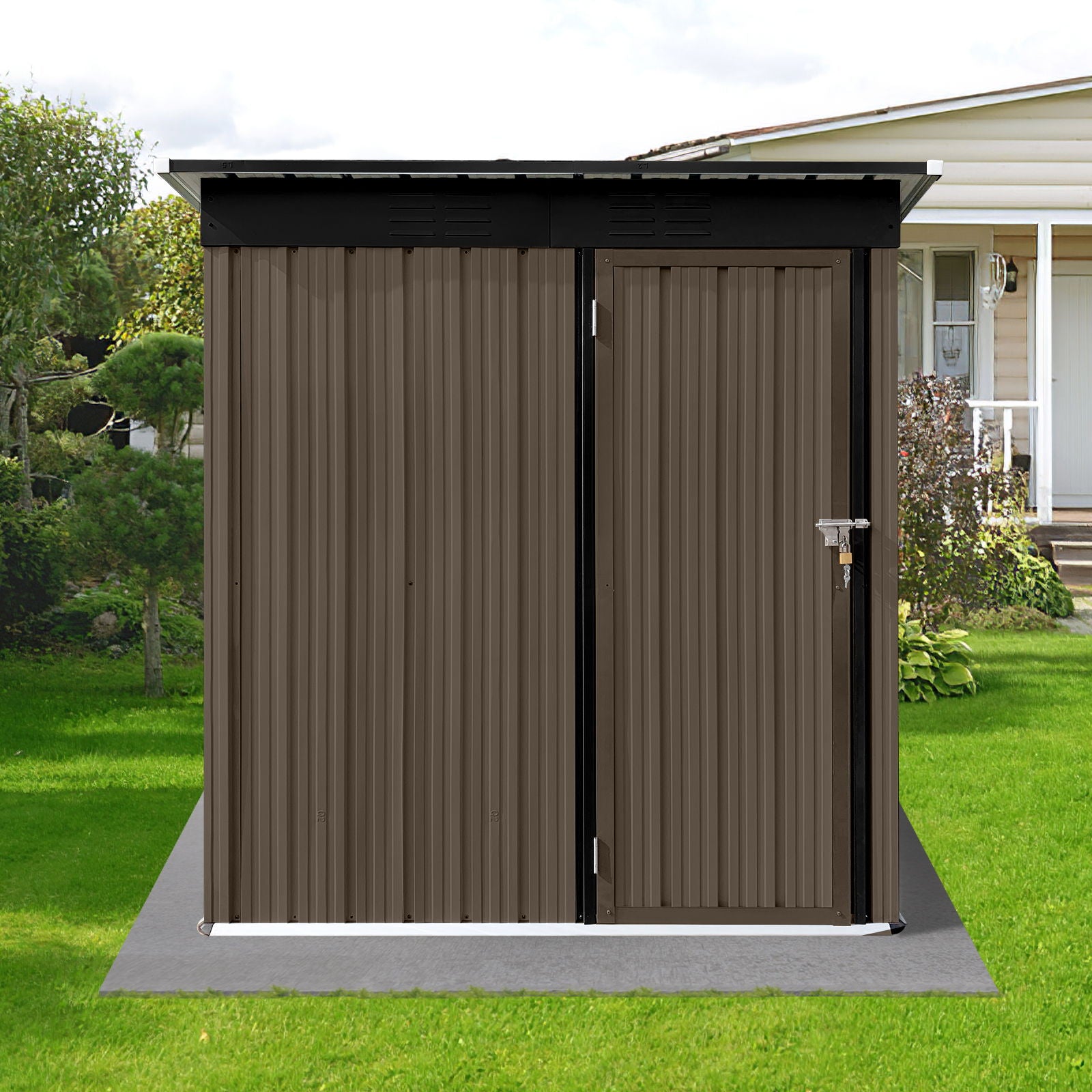 A Garden Sheds 5FtX4Ft Outdoor Storage Shed with double doors is on a concrete slab in a grassy yard. It's painted dark brown with a simple design, and part of a white house is visible in the background.