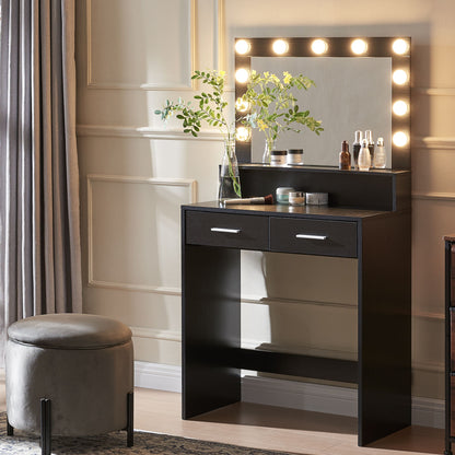 A stylish Vanity Desk With Mirror And Lights, featuring two-level storage and a large drawer, sits against a beige paneled wall with cosmetics and a plant on top. A cushioned stool rests nearby on the hardwood floor as natural light filters through the curtains.