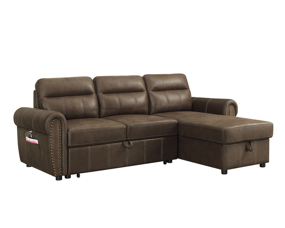 The Hugo Reversible Sleeper Sectional Sofa in brown features studded armrests, tufted back cushions, a right-side chaise lounge, storage pockets on the armrests, visible stitching on seats and back, and a built-in USB charger.