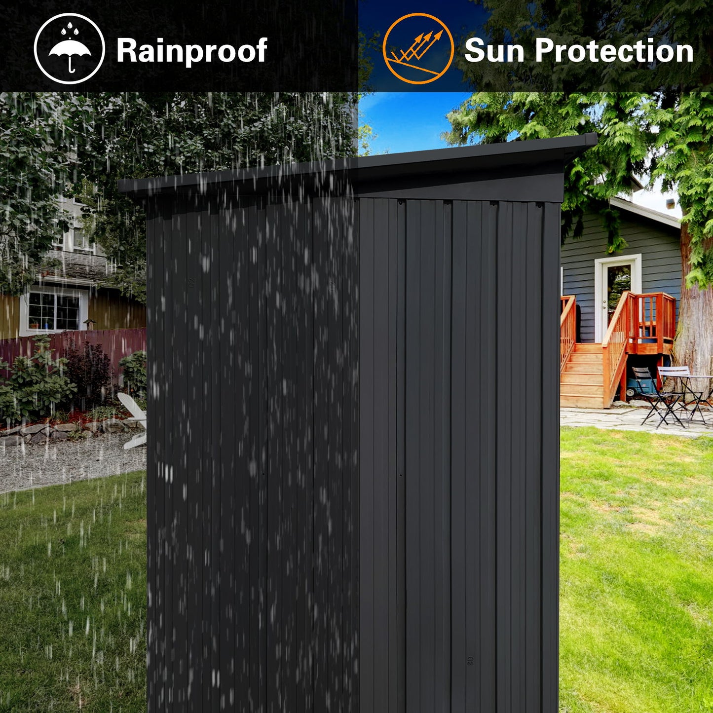 The 4Ftx6Ft Garden Sheds Outdoor Storage Sheds, shown with rain on one side and sunlight on the other, highlight its rainproof and sun protection features. In the background, a lawn, trees, and a house with a wooden deck are visible.