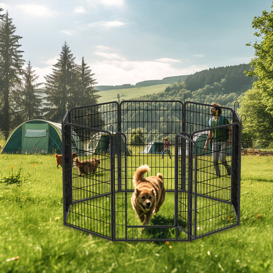 Two dogs enjoy a Heavy Duty Metal Playpen With Door, Dog Fence Pet Exercise Pen on a grassy field. Tents and people are seen in the background, framed by trees and hills under a clear sky.