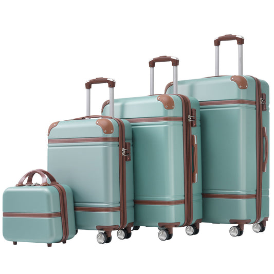 A set of four teal Hardshell Luggage pieces, including a cosmetic case and three suitcases (20"/24"/28") with brown accents. Each has wheels and extendable handles, organized from smallest to largest.