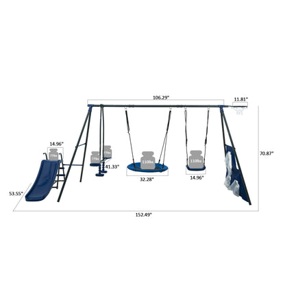 The Interesting Six Function Swingset features a blue slide, three swings (traditional, circular 31.5", and two-sided), and a basketball hoop. Made of metal and plastic, it's safe for kids aged 3+ with a total weight limit of 440 lbs, ideal for outdoor playgrounds in gray/blue color.