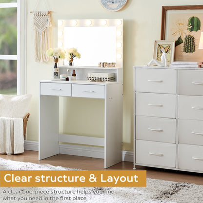 A Vanity Desk with mirror and lights, featuring a large drawer and 2-level storage dresser with adjustable lighting modes, sits adorned with flowers, perfume, and a photo frame. It's paired with a matching white dresser in the sunlit room.