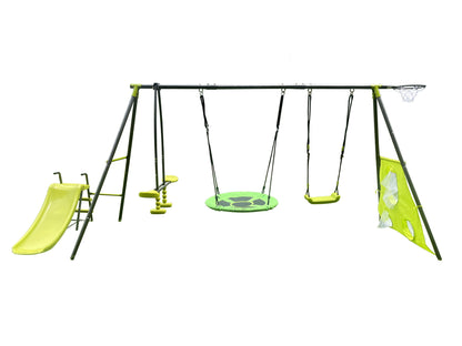 A safe outdoor playground set for ages 3+ features a 31.5" net swing, two swings, a circular swing, a two-seat glider, and more; all in gray/blue on metal and plastic structure. Supports up to 440 lbs.