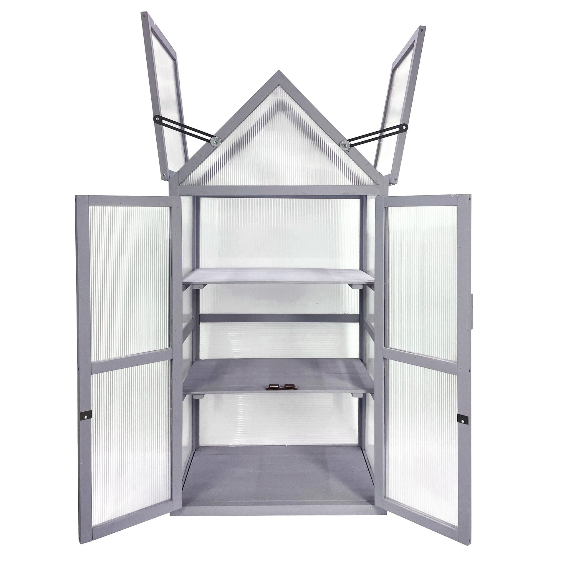 The Mini Greenhouse Kit features a triangular roof, two open top panels, and a light gray frame. Its front has two open doors revealing three shelves inside, made with translucent panels. Perfect for indoor gardens or patios and UV-resistant.