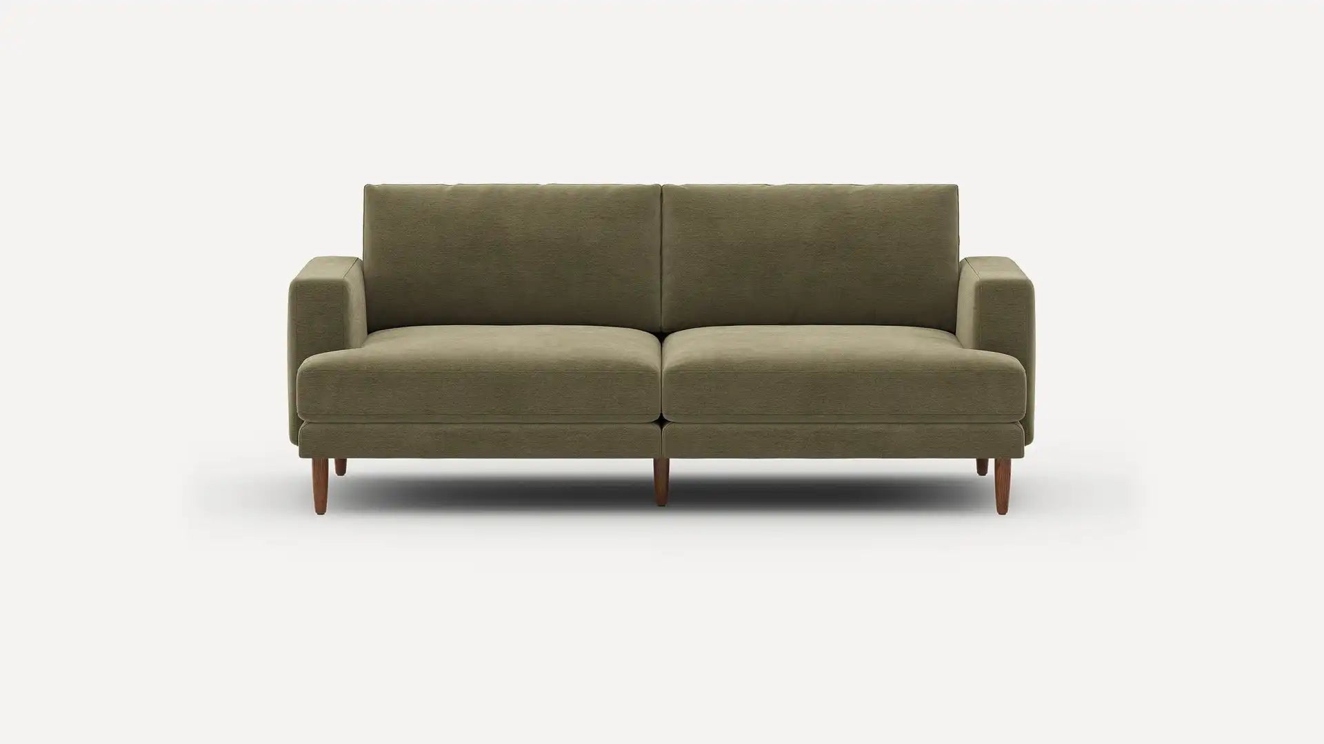 The Ember Mid-Century Modern 75" Sofa is an elegant piece with a minimalist design, showcasing clean lines and wooden legs, all highlighted against a plain white background.