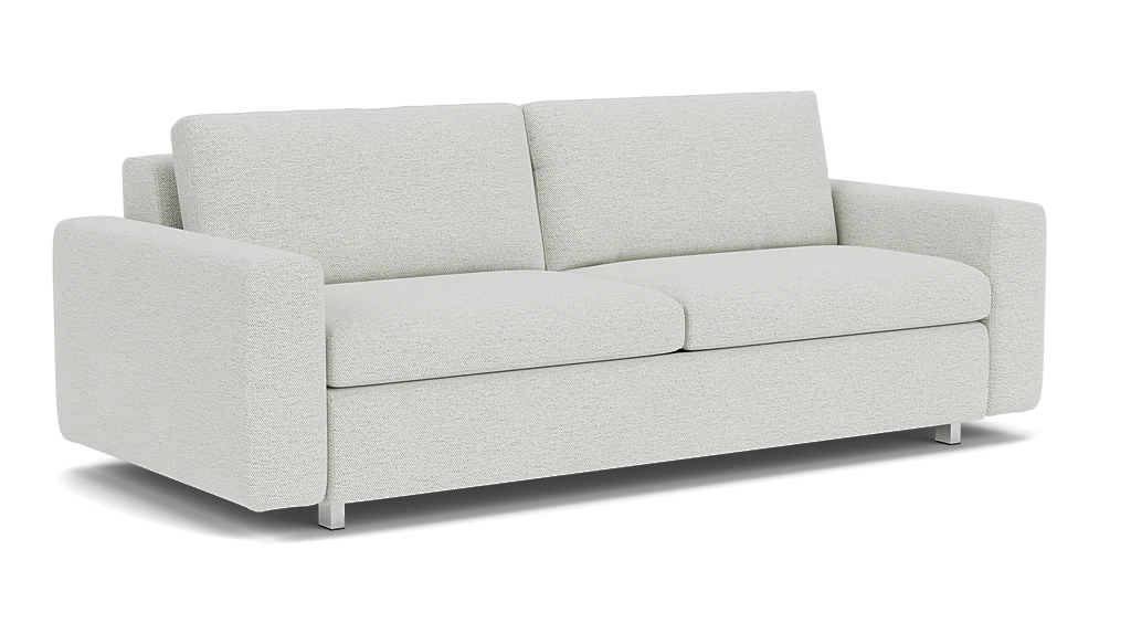 The Reva Storage Sofa is a modern piece in light gray, featuring two large cushions and armrests. It stands on short metal legs with a minimalist design that exudes comfort.