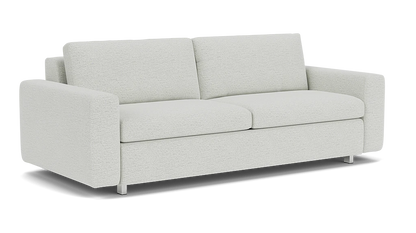 The Reva Storage Sofa is a modern piece in light gray, featuring two large cushions and armrests. It stands on short metal legs with a minimalist design that exudes comfort.