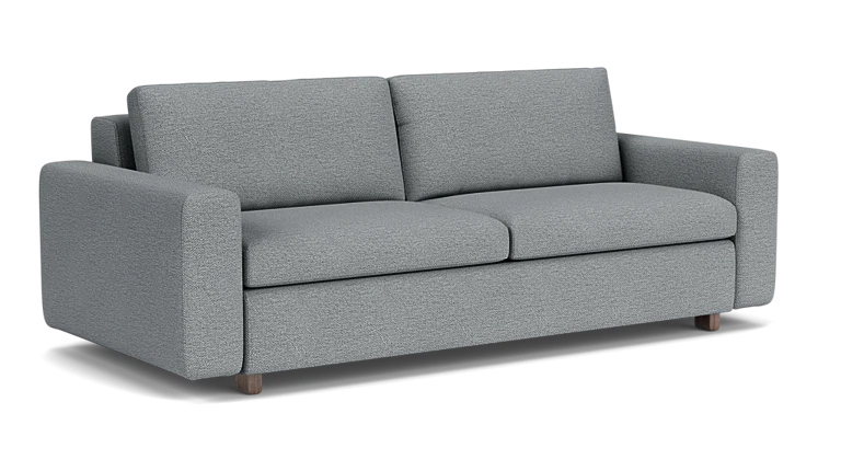 The Reva Storage Sofa is a contemporary light gray fabric sofa showcasing a minimalist design with square armrests and wooden legs. It includes two seat cushions and two backrest cushions.