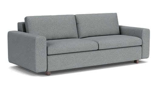 The Reva Storage Sofa is a contemporary light gray fabric sofa showcasing a minimalist design with square armrests and wooden legs. It includes two seat cushions and two backrest cushions.