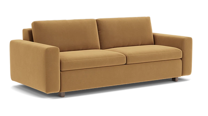 Introducing the Reva Storage Sofa: This contemporary mustard-colored sofa features two seat cushions and two back cushions, complemented by wide armrests and supported by four short, dark wooden legs. Its design is both minimalist and elegant.