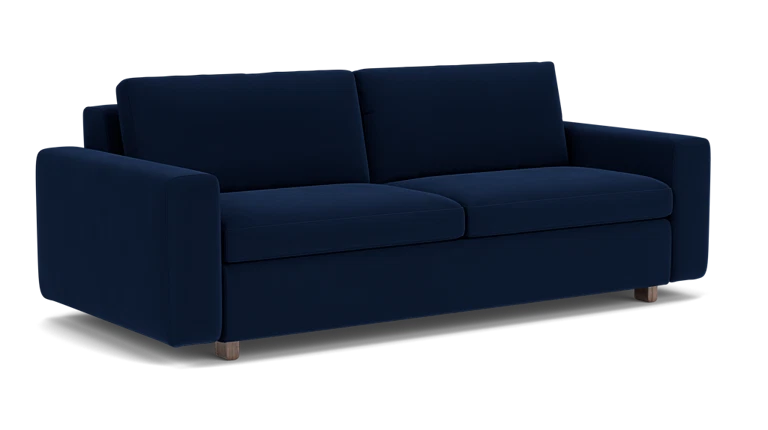 Introducing the Reva Storage Sofa, a contemporary piece in dark blue featuring dual seat and backrest cushions set against a sleek black backdrop. It boasts wooden legs and comfortable padded armrests for an elegant yet cozy addition to any space.