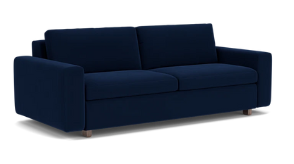 Introducing the Reva Storage Sofa, a contemporary piece in dark blue featuring dual seat and backrest cushions set against a sleek black backdrop. It boasts wooden legs and comfortable padded armrests for an elegant yet cozy addition to any space.