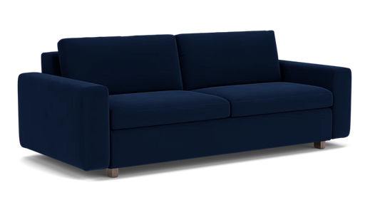 Introducing the Reva Storage Sofa, a contemporary piece in dark blue featuring dual seat and backrest cushions set against a sleek black backdrop. It boasts wooden legs and comfortable padded armrests for an elegant yet cozy addition to any space.