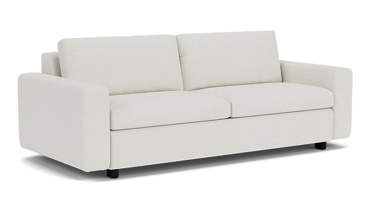 Introducing the Reva Storage Sofa: a modern, minimalist white seating option featuring two large back cushions and wide armrests. Its clean, sleek design rests on short black legs, perfectly contrasting with a plain black background.