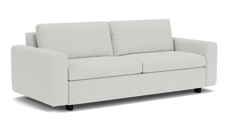 The Reva Storage Sofa is a light gray piece featuring two seat cushions and two back cushions. It has straight armrests and is set against a plain, dark background.