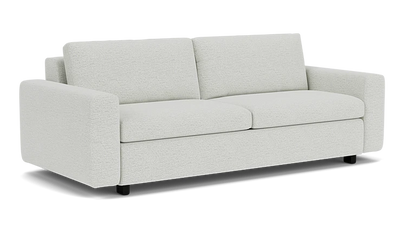 The Reva Storage Sofa is a light gray piece featuring two seat cushions and two back cushions. It has straight armrests and is set against a plain, dark background.