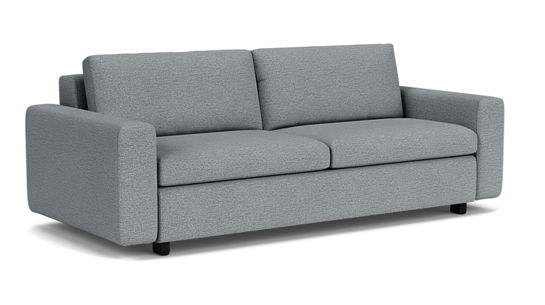 The Reva Storage Sofa features a contemporary gray fabric design with two oversized cushions and sleek, minimalistic armrests, all set against a simple background.