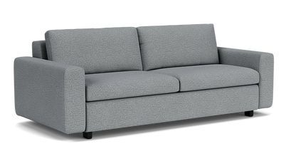 The Reva Storage Sofa features a contemporary gray fabric design with two oversized cushions and sleek, minimalistic armrests, all set against a simple background.