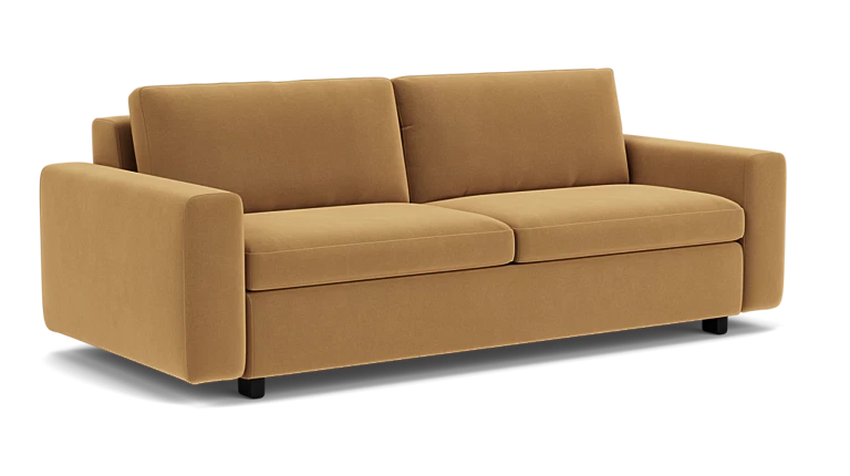 Introducing the Reva Storage Sofa, a modern piece in brown featuring plush cushions and wide armrests, viewed from an angle. Its sleek and minimalist design is elegantly showcased against a plain black background.