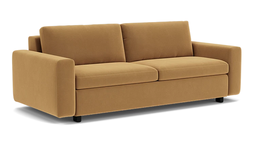 Introducing the Reva Storage Sofa, a modern piece in brown featuring plush cushions and wide armrests, viewed from an angle. Its sleek and minimalist design is elegantly showcased against a plain black background.