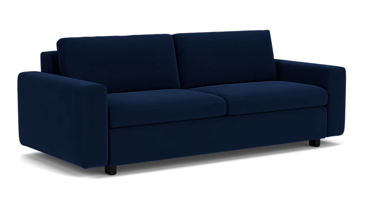 Introducing the Reva Storage Sofa: a dark blue, minimalist two-seater featuring cushioned armrests and backrest, along with two comfortable seat cushions. This sleek, modern sofa is supported by short black legs, offering both style and functionality.