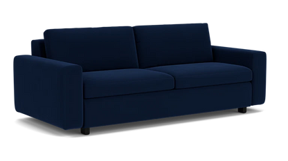 Introducing the Reva Storage Sofa: a dark blue, minimalist two-seater featuring cushioned armrests and backrest, along with two comfortable seat cushions. This sleek, modern sofa is supported by short black legs, offering both style and functionality.