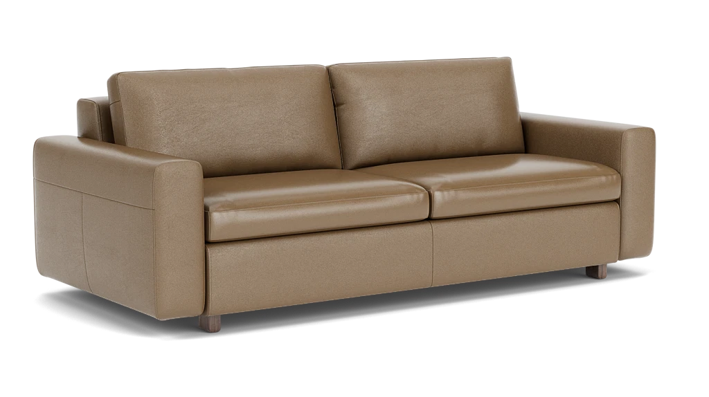 Introducing the Reva Storage Sofa, a modern design piece featuring a rich brown leather finish with two cushions. Its smooth, shiny surface and short wooden legs give it a sleek, boxy appearance perfect for contemporary spaces.