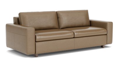 Introducing the Reva Storage Sofa, a modern design piece featuring a rich brown leather finish with two cushions. Its smooth, shiny surface and short wooden legs give it a sleek, boxy appearance perfect for contemporary spaces.