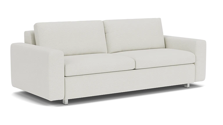 Introducing the Reva Storage Sofa: a modern, minimalist beige piece that boasts clean lines and features two back cushions. Its rectangular armrests and short silver legs contribute to its sleek and contemporary aesthetic.