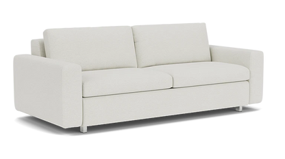 Introducing the Reva Storage Sofa: a modern, minimalist beige piece that boasts clean lines and features two back cushions. Its rectangular armrests and short silver legs contribute to its sleek and contemporary aesthetic.