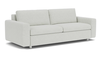 The Reva Storage Sofa is a light gray piece with a textured fabric finish. It includes two seat cushions and two large back cushions, complemented by wide armrests and metal legs, offering a modern and minimalist design.