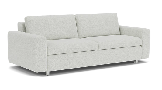 The Reva Storage Sofa is a light gray piece with a textured fabric finish. It includes two seat cushions and two large back cushions, complemented by wide armrests and metal legs, offering a modern and minimalist design.