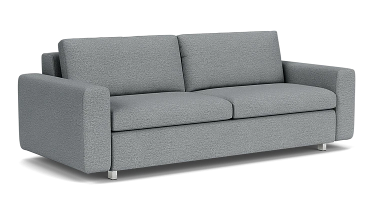 Product Description: The Reva Storage Sofa is a contemporary gray upholstered couch featuring two seat cushions and two back cushions. It boasts square armrests and short metallic legs, all set against a plain background.